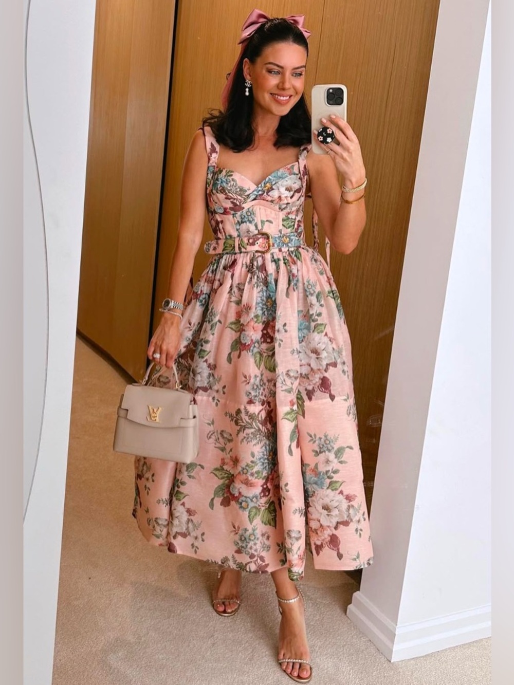 Zimmermann Matchmaker Pink Floral Silk Linen Tie Midi Dress - Picture 6 of 16